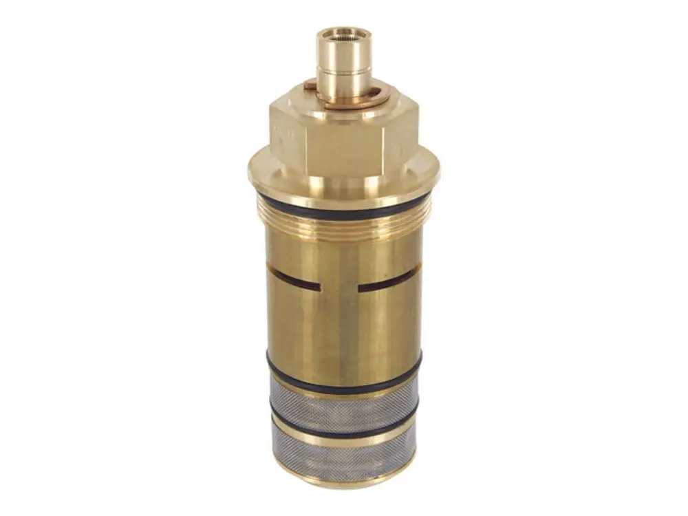 Kartusche aus Messing mit zwei Ringen, Anschluss oben. Ideal Standard Produkt, wahrscheinlich für sanitäre Anwendungen.